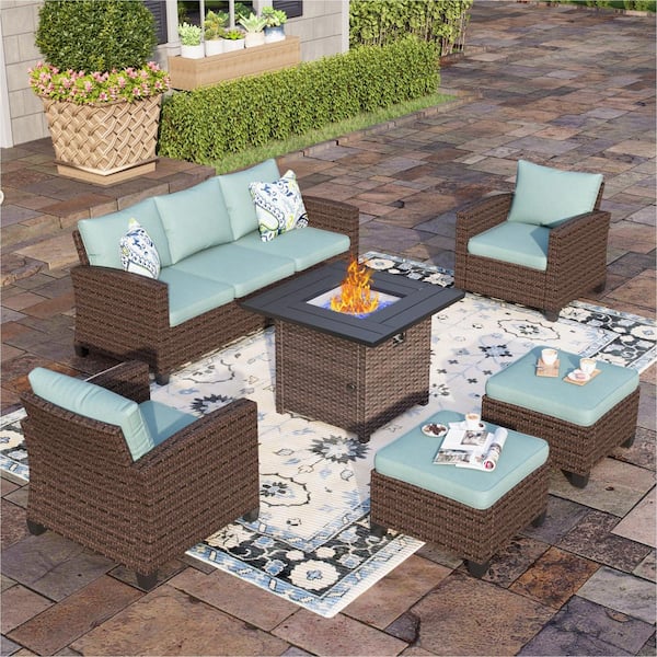 PHI VILLA Brown Rattan Wicker 6-Piece Steel Outdoor Patio Conversation Set with Blue Cushions, Square Fire Pit Table