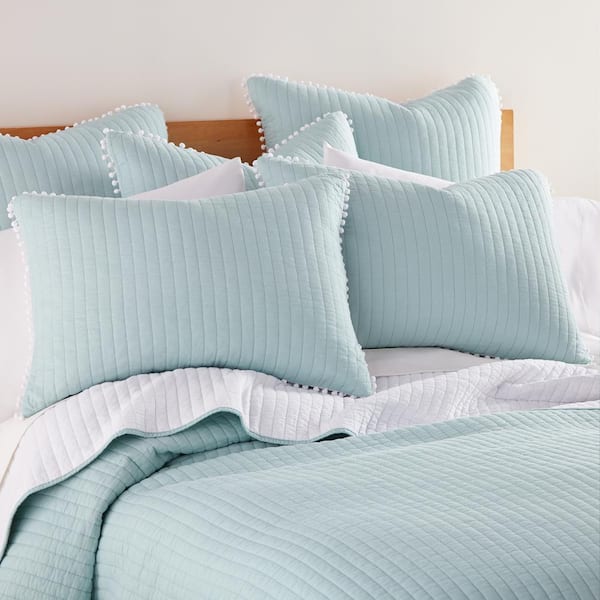 LEVTEX HOME Pom Pom Blue Haze Solid Quilted Cotton 20 in. x 26 in. Standard Pillow Sham