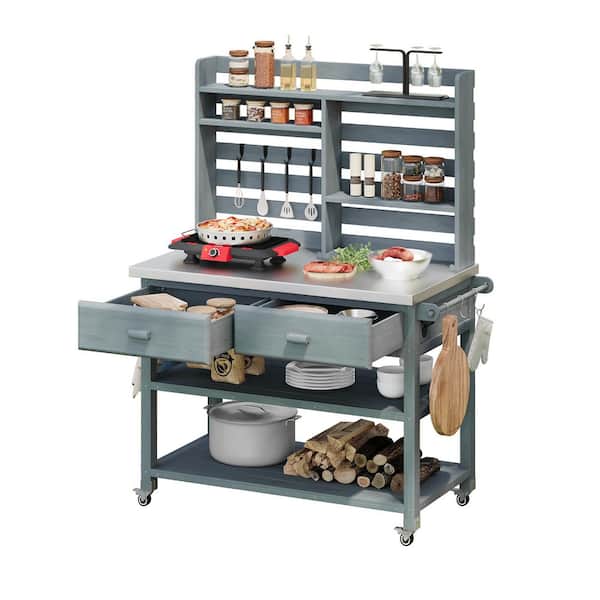 52 in. W x 65 in. H Grey Blue Potting Bench Table, Outdoor Kitchen Island with Stainless Steel Top, Hutch and Towel Rack