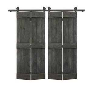 64 in. x 84 in. Mid-Bar Solid Core Carbon Gray-Stained DIY Wood Double Bi-Fold Barn Doors with Sliding Hardware Kit