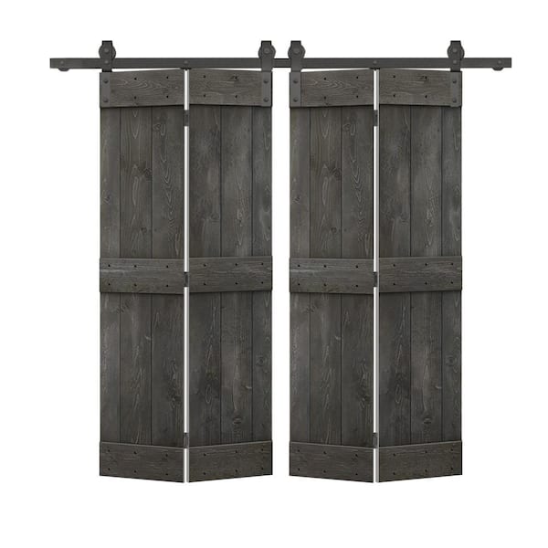 CALHOME 64 in. x 84 in. Mid-Bar Solid Core Carbon Gray-Stained DIY Wood Double Bi-Fold Barn Doors with Sliding Hardware Kit