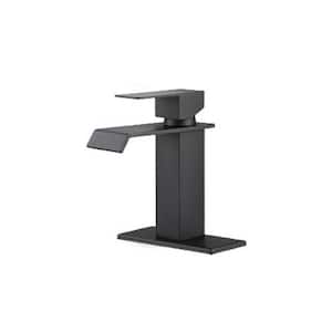 Waterfall Spout Single Handle Single Hole Bathroom Faucet with Deckplate Included with Rust Resistant in Matte Black