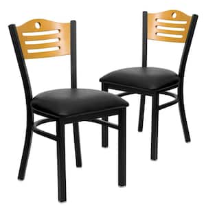 Natural Wood Back/Black Vinyl Seat/Black Metal Frame Restaurant Chairs (Set of 2)