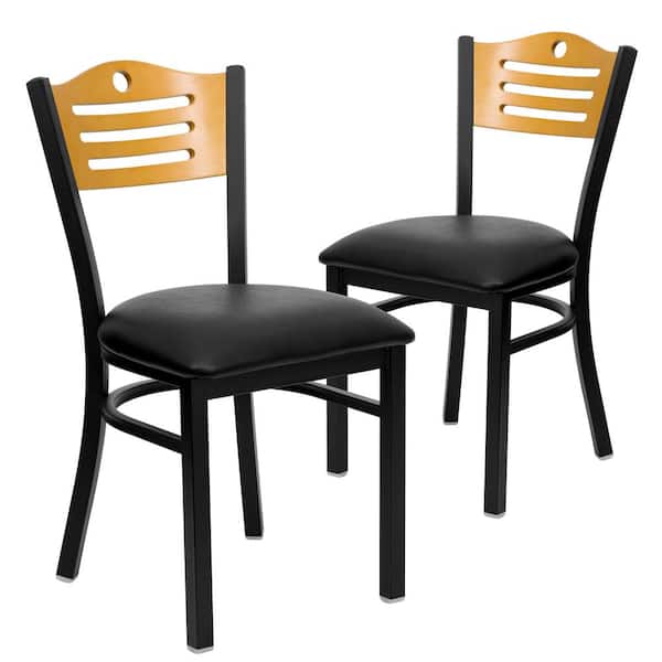 Carnegy Avenue Natural Wood Back/Black Vinyl Seat/Black Metal Frame Restaurant Chairs (Set of 2)