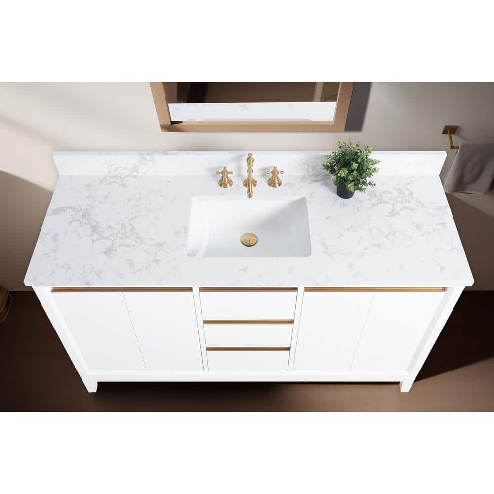 60" White Poplar Wood Single Bathroom Vanity with Marble Top