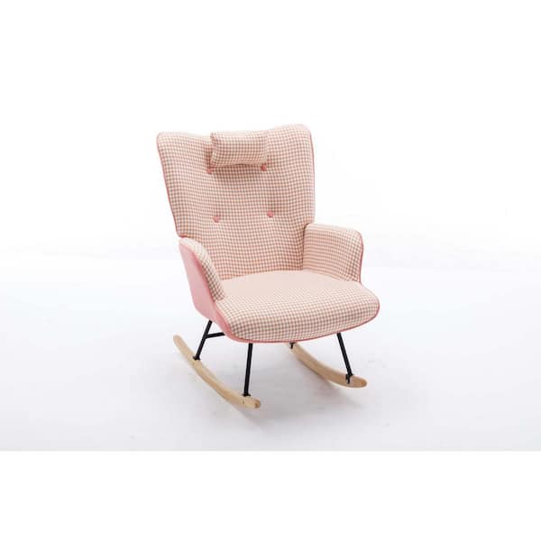 Zeus & Ruta 35.5 in. Wood Outdoor Rocking Chair Soft Houndstooth Fabric Leather Fabric Rocking Chair with Pink Cushions