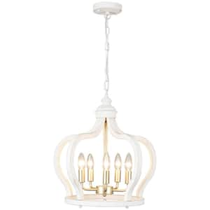 Crown 5-Light Gold/White Farmhouse Dimmable Lantern Chandelier Adjustable Kitchen Island Foyer Living Room