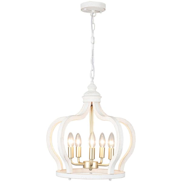 LWYTJO Crown 5-Light Gold/White Farmhouse Dimmable Lantern Chandelier Adjustable Kitchen Island Foyer Living Room
