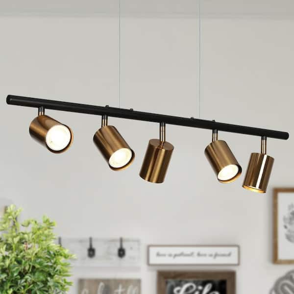 Zevni 28.5 in. Adjustable Mid-Century Pendant Light, 5-Light Brass Gold/Black Chandelier for Kitchen Island with Metal Shade
