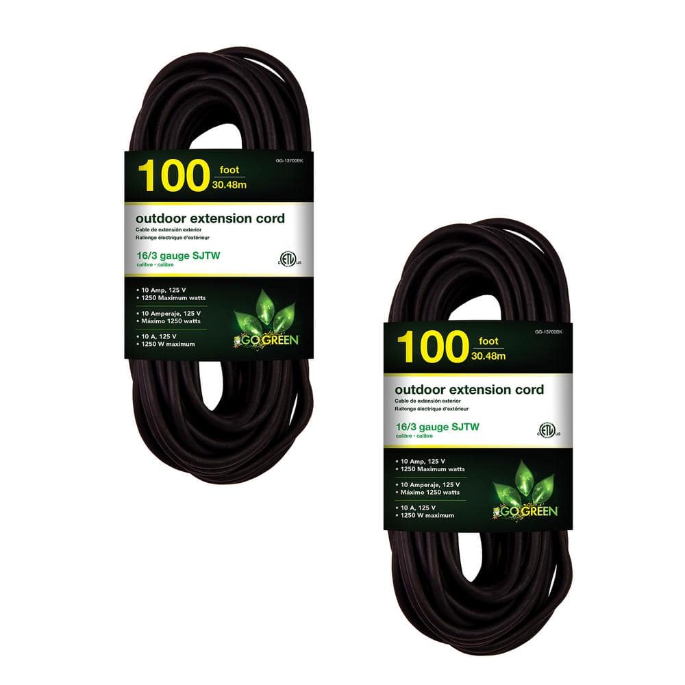 GoGreen Power 100 ft. 16/3 SJTW Outdoor Extension Cord -Black 2-Pack  GG-13700BK-2 The Home Depot