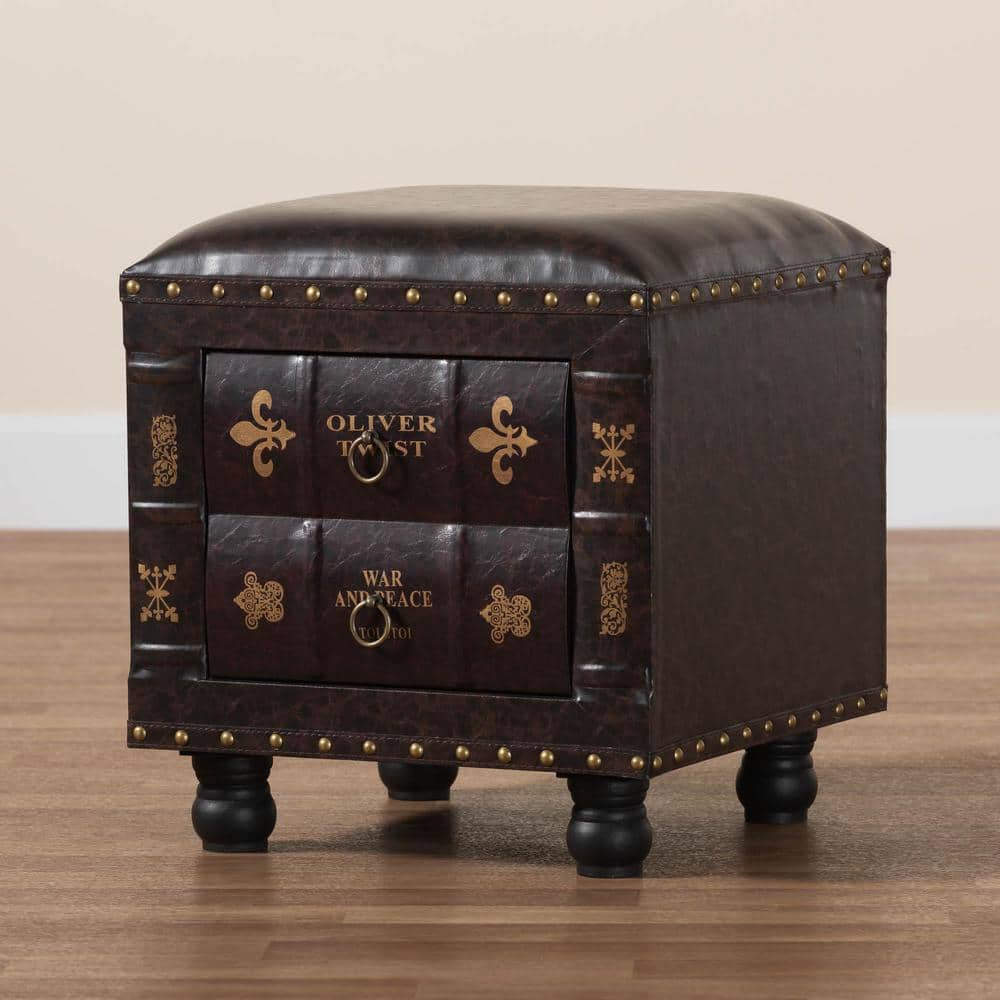 Charlier Rustic Dark Brown Faux Leather Storage Ottoman with Book Spine Drawer