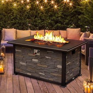 48in Fire Pit Table Propane Outdoor Fire Table w/Faux Ledgestone Base