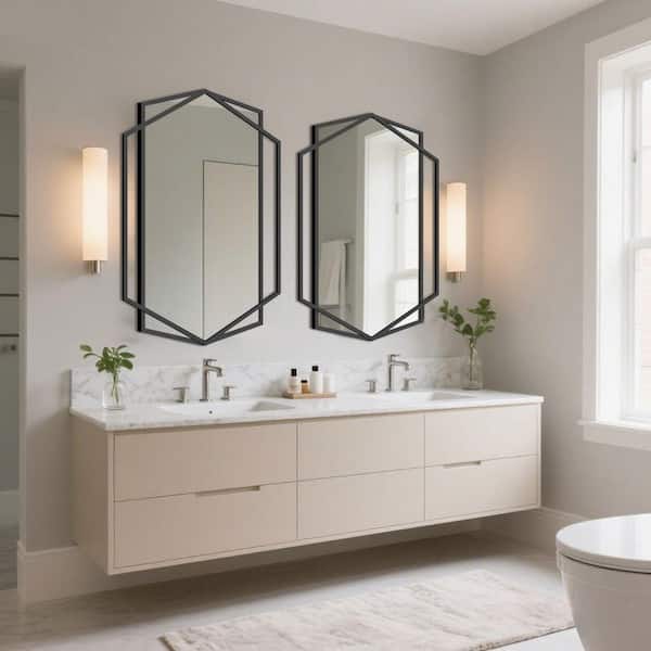 26 in. W x 36 in. H Modern Rectangular Polygonal Black Metal Frame Art Decorative Mirror Vanity Mirror Wall Mirror