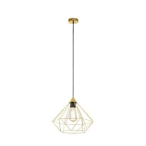 Tarbes 12.8 in. W x 9.41 in. H 1-Light Brushed Brass Geometric Pendant Light with Open Frame Metal Shade