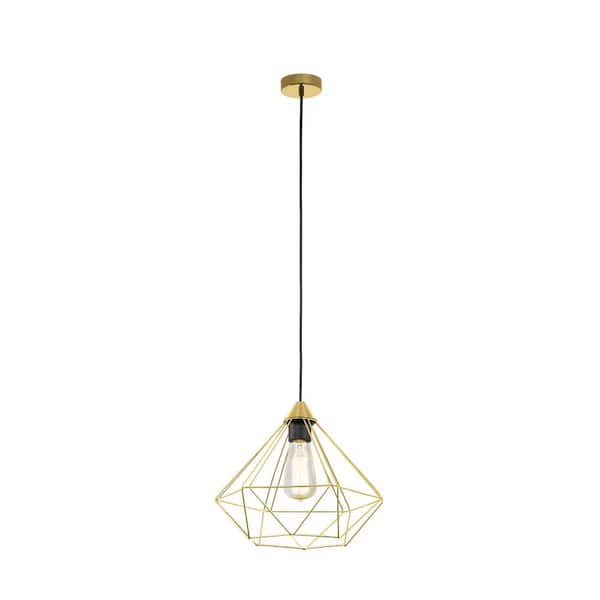Eglo Tarbes 12.8 in. W x 9.41 in. H 1-Light Brushed Brass Geometric Pendant Light with Open Frame Metal Shade