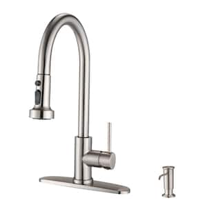 Stainless Steel Single Handle Pull Down Sprayer Kitchen Faucet with Soap Dispenser in Brushed Nickel