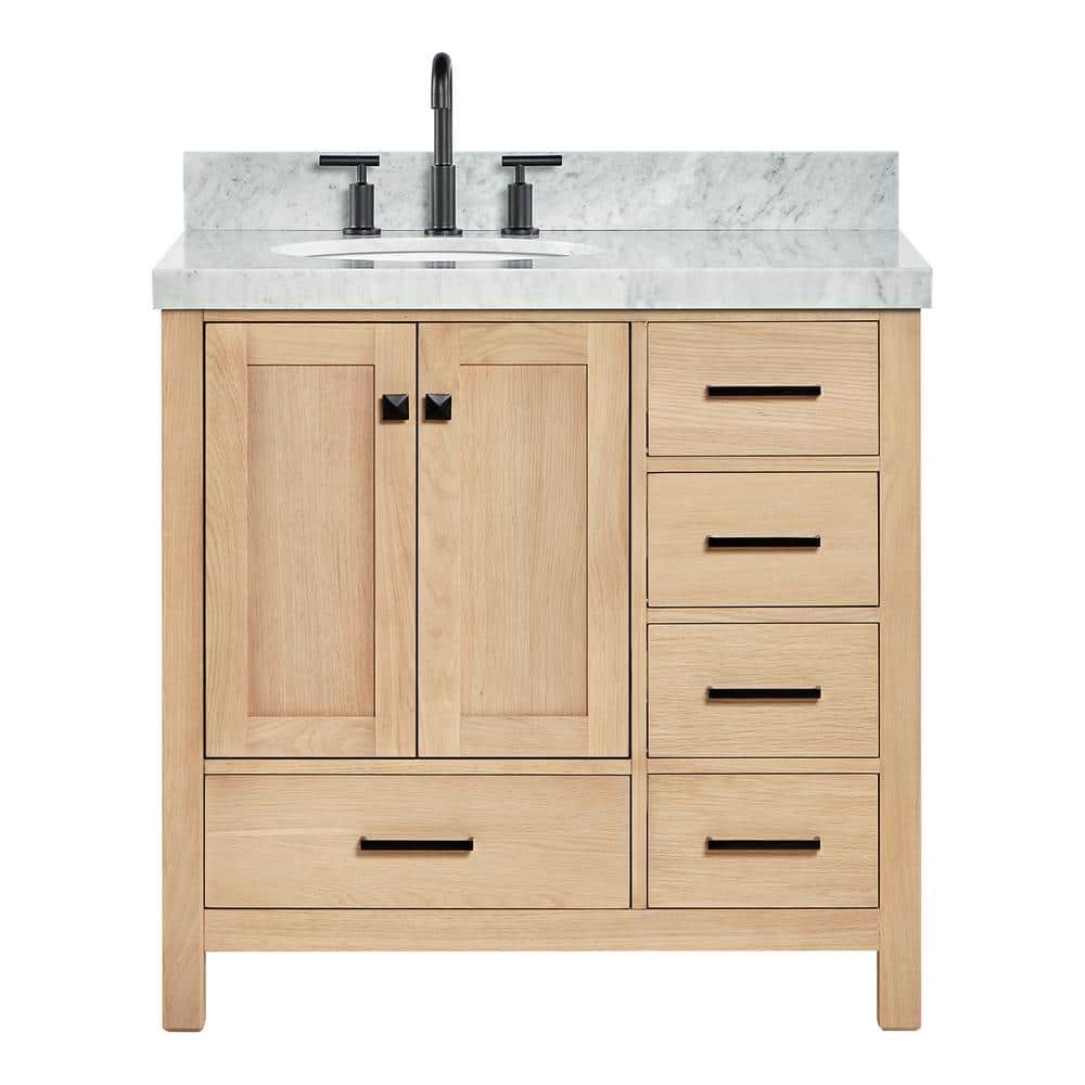 Oak Freestanding Vanity with Carrara Marble Top and Black Hardware