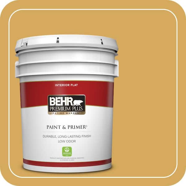 BEHR PREMIUM PLUS 5 gal. #340D-5 Galley Gold Flat Low Odor Interior Paint & Primer