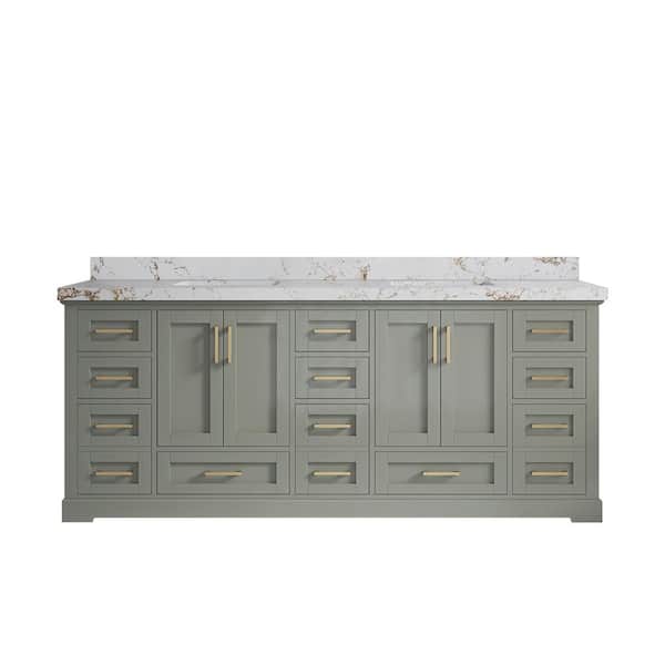 Willow Collections Boston 84 in. Double Sink Freestanding Evergreen Bath Vanity with Viola Gold Quartz Top Unassembled