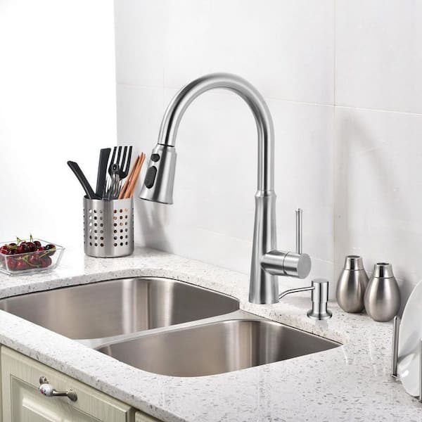 Single Handle Pull Down Sprayer Kitchen Faucet with Deckplate and Soap Dispenser in Brushed Nickel