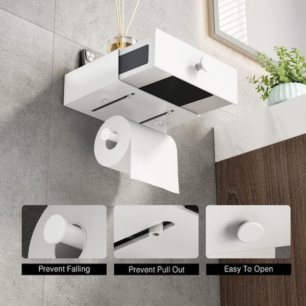 Wudkey Wall-Mount Toilet Paper Holder in Matte White with Drawer