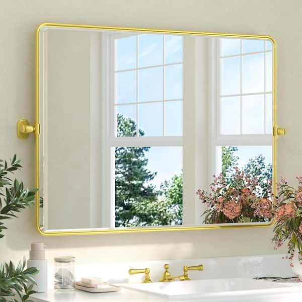 KeonJinn 40 in. W x 30 in. H Gold Mirrors Framed Tilt Mirrors for Bathroom Wall Pivot Bathroom Vanity Mirror Over Sink