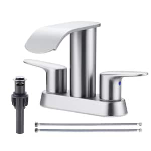 4 in. Centerset Double Handle WaterFall Bathroom Faucet with Drain Kit Included in Brushed Nickel