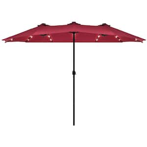 15 ft. Double-Sided Steel Market Solar LED Patio Umbrella in Burgundy