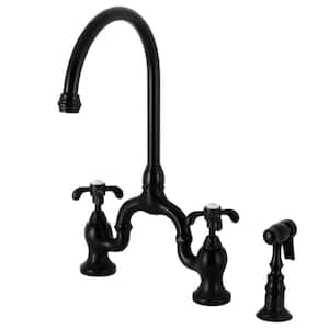 French Country Double-Handle Deck Mount Gooseneck Bridge Kitchen Faucet with Brass Sprayer in Matte Black