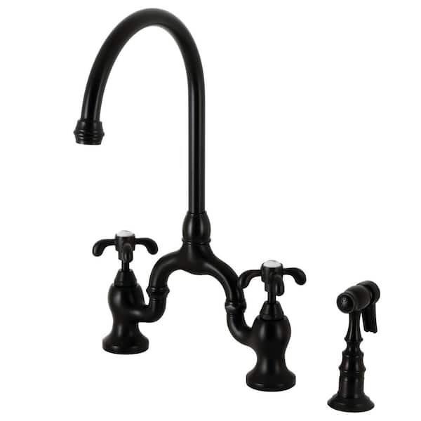 Kingston Brass French Country Double-Handle Deck Mount Gooseneck Bridge Kitchen Faucet with Brass Sprayer in Matte Black