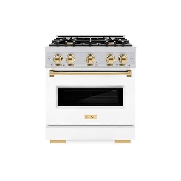 Classic 30 in. 4-Burner Gas Range with Gas Convection Oven in Stainless Steel, Matte White and Polished Gold