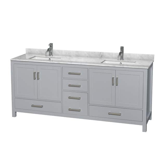 Wyndham Collection Sheffield 80 in. W x 22 in. D x 35 in. H Double Bath Vanity in Gray with White Carrara Marble Top