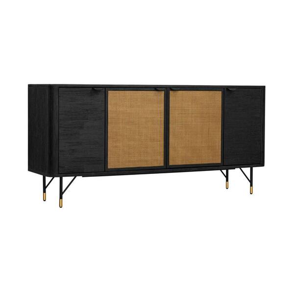Benjara Theo 67 in. Black Rattan Wood Sideboard Buffet Console Cabinet with 4-Doors