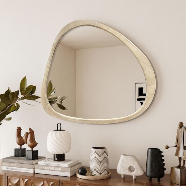 Natural Wood Washed 45 in W x 39 in H Asymmetrical Solid Wood Wall Mirror for Living Room, Bedroom, Bathroom, Hallway