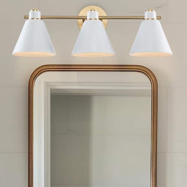 Forge 24 in. 3-Light White and Gold Bathroom Vanity Light Fixture with Metal Cone Shades