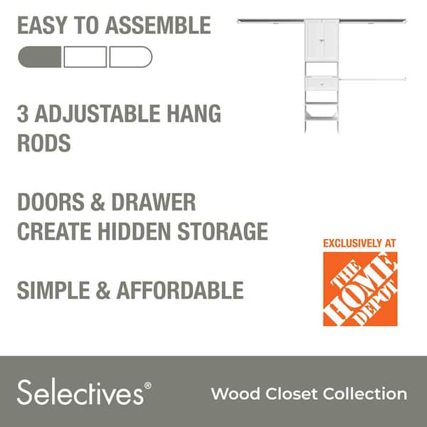 Selectives 85 in. W x 121 in. W White Basic Plus Standard Wood Closet System Kit with Drawer and Doors