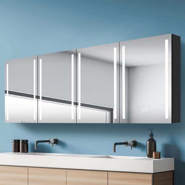 80 in. W x 30 in. H Large Rectangular Black Aluminum Surface Mount Defogging LED Bathroom Medicine Cabinet with Mirror