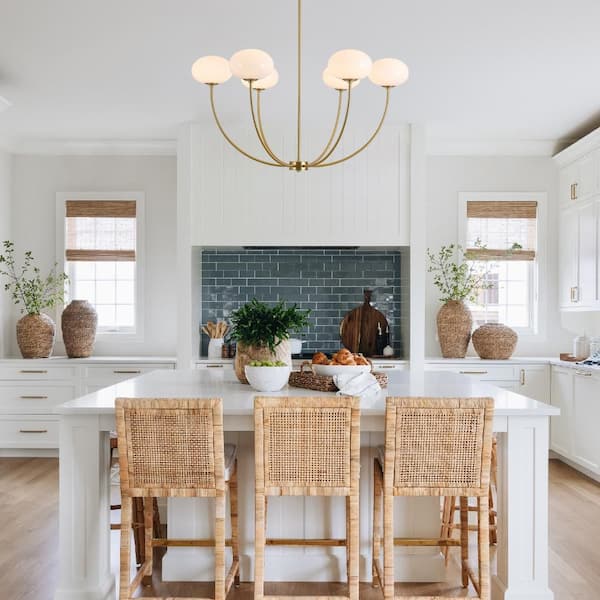 6-Light 40.9 in.W Brushed Brass Opal Glass Globe Branch Chandelier for Dining Room and Living Room
