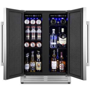 23.47 in. Dual Zone 120 Cans Beverage Cooler Built in and Freestanding Interior Blue LEDs Silver Stainless Steel