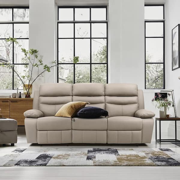Lazzara Edelia 86.5 in. W Pillow Arm Leather Rectangle Manual Double Reclining Sofa in Latte