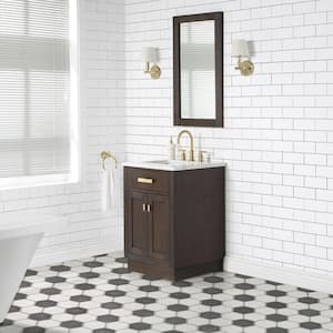 Chestnut 24 in. W x 21.5 in. D Vanity in Brown Oak with Marble Vanity Top in White with White Basin and Mirror