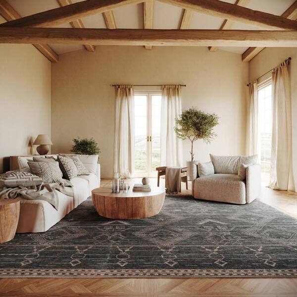 Nevara Abstract Washable Charcoal 3 ft. x 5 ft. Indoor Area Rug