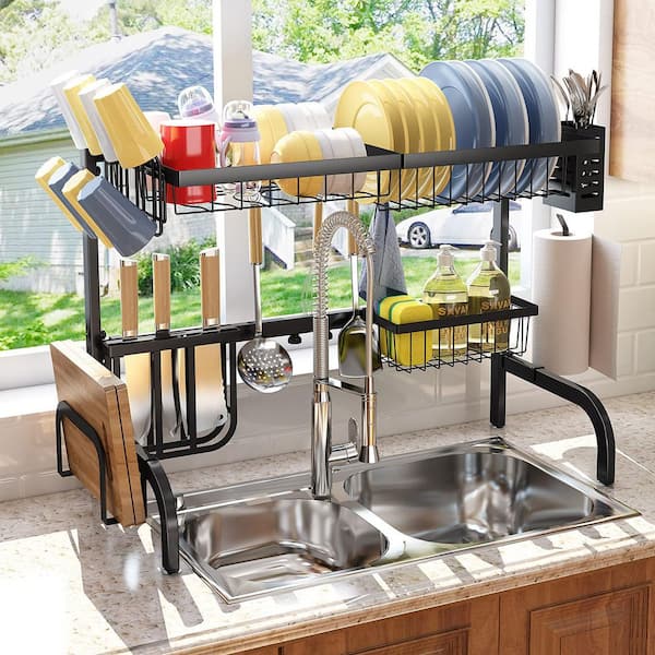 Wudkey 25.5 in. to 33.5 in. Adjustable Over The Sink Dish Drying Rack, 2-Tier  Black Metal Dish Rack with Hooks and Holders