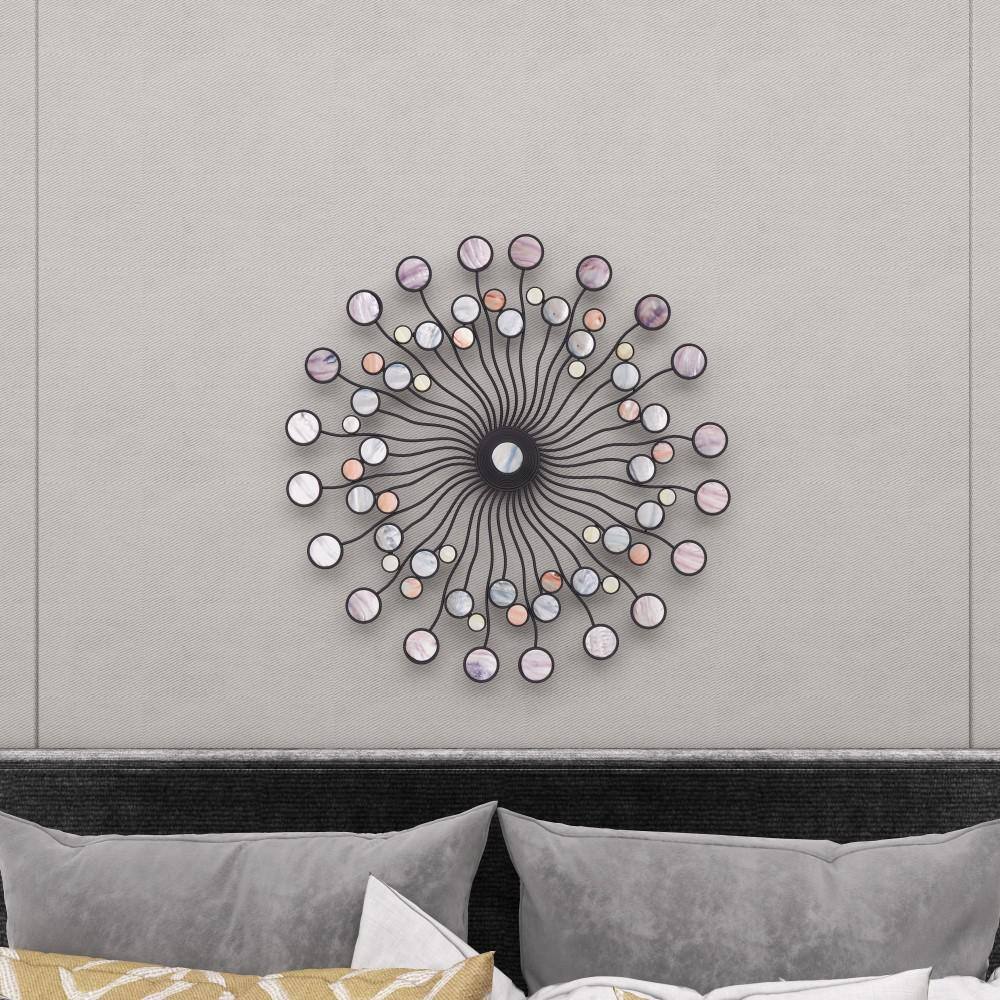 Multi-Colored Iron Sunburst Wall Sculpture with Marble Accents