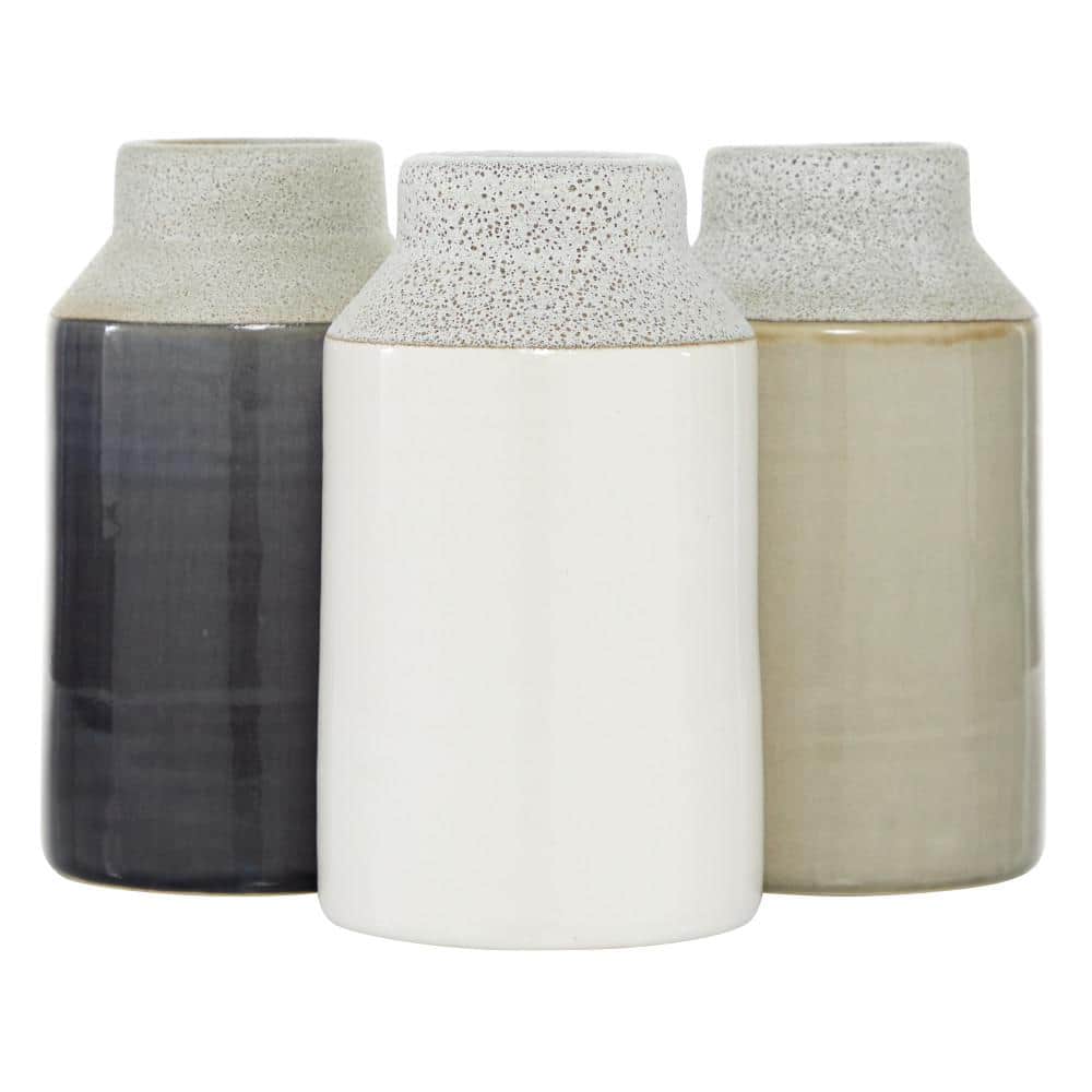 Set of 3 Glossy White, Beige, and Gray Porcelain Cylinder Vases