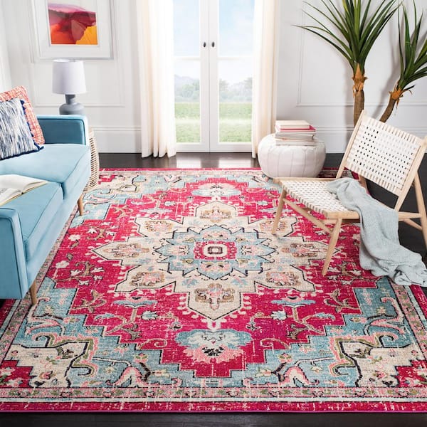Madison Fuchsia/Blue 12 ft. x 15 ft. Border Geometric Floral Medallion Area Rug