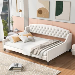 Button-Tufted Beige Wood Frame Full Size Velvet Upholstered Daybed