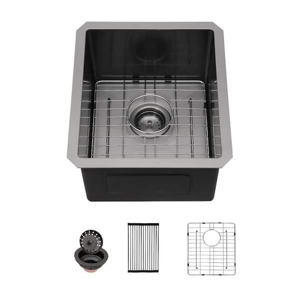 15 in. Drop-In Single Bowl 16 Gauge Black Stainless Steel Kitchen Sink and Bottom Grids