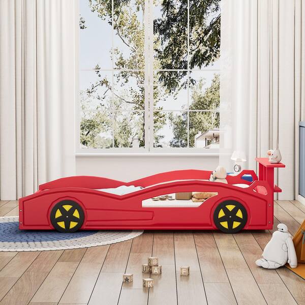 Polibi Red Wood Frame Twin Size Platform Bed with Wheels RS011