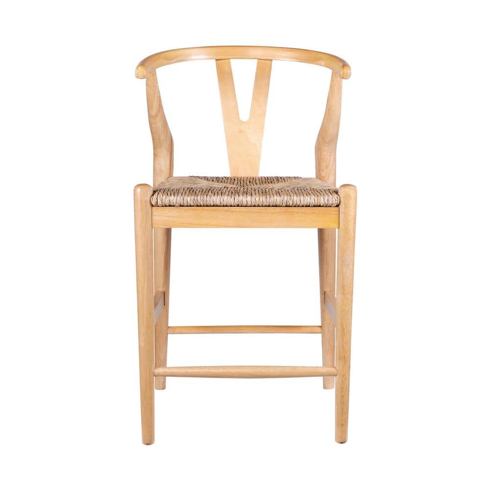 Natural Finish Rubberwood Wishbone Bar Stool with Woven Rush Seat